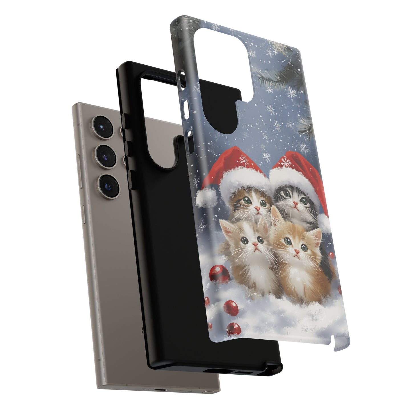 Christmas Cats iPhone Case, Santa Hat Cat Mobile Case, Snowy Kittens iPhone 16 Pro Max Tough Case, Samsung Galaxy, Pixel, iPhone 15 MagSafe