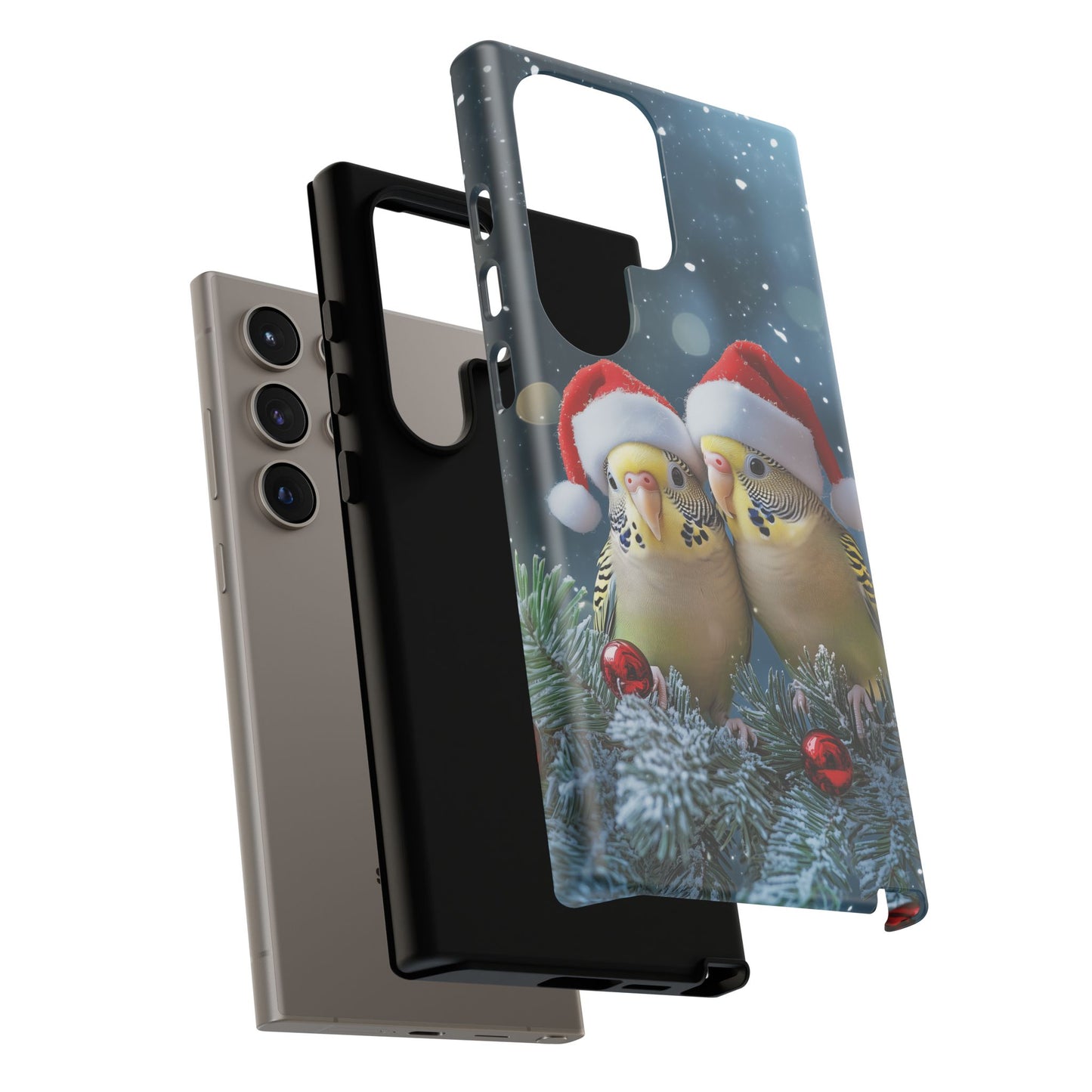 Christmas Budgies Phone Case, Santa Hat Budgerigar Mobile Case, iPhone 16 Pro Max Tough Case, Parakeet Samsung Galaxy, Pixel, iPhone MagSafe