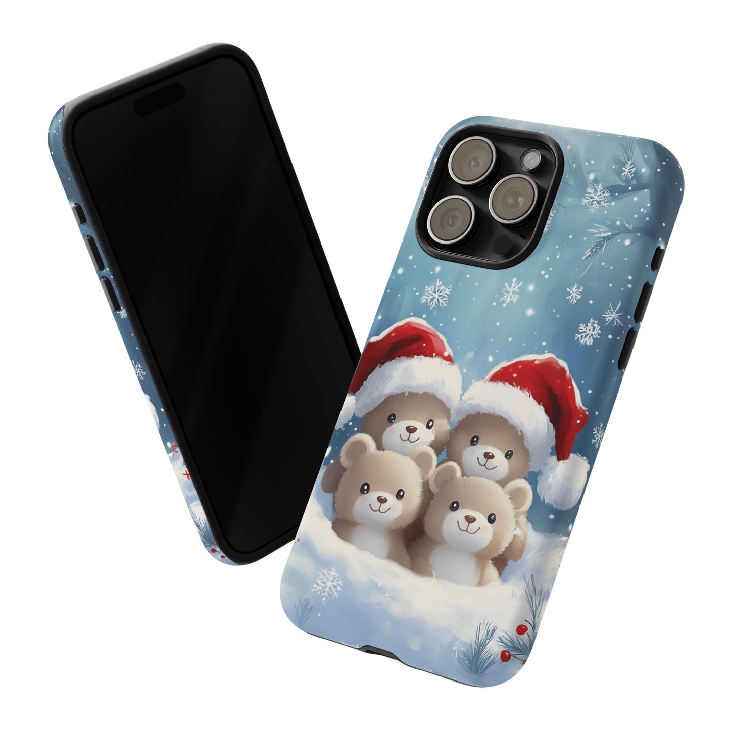 Christmas Teddybears iPhone Case, Santa Hat Teddy Mobile Case, Snowy iPhone 16 Pro Max Tough Case, Samsung Galaxy, Pixel, iPhone 15 MagSafe