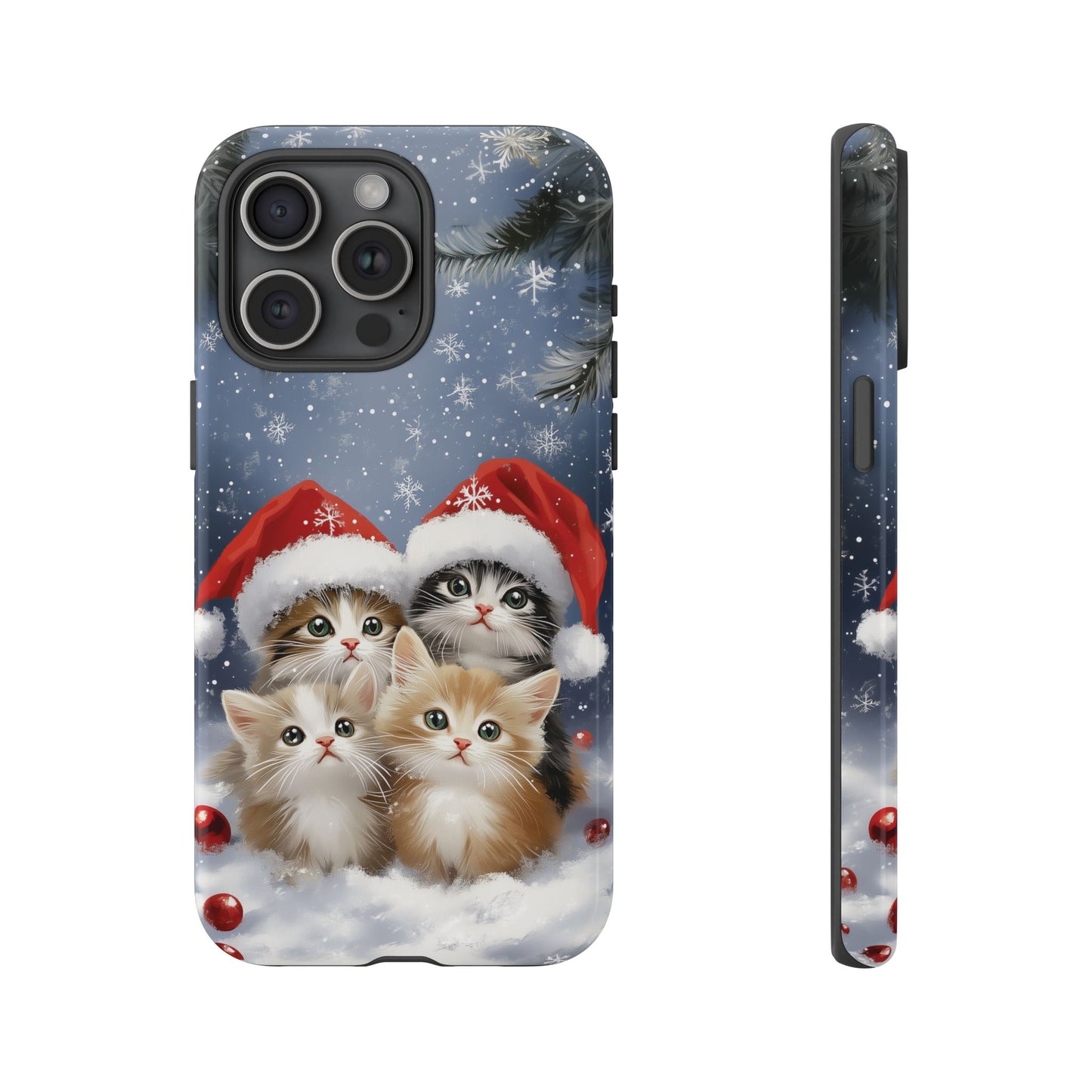 Christmas Cats iPhone Case, Santa Hat Cat Mobile Case, Snowy Kittens iPhone 16 Pro Max Tough Case, Samsung Galaxy, Pixel, iPhone 15 MagSafe