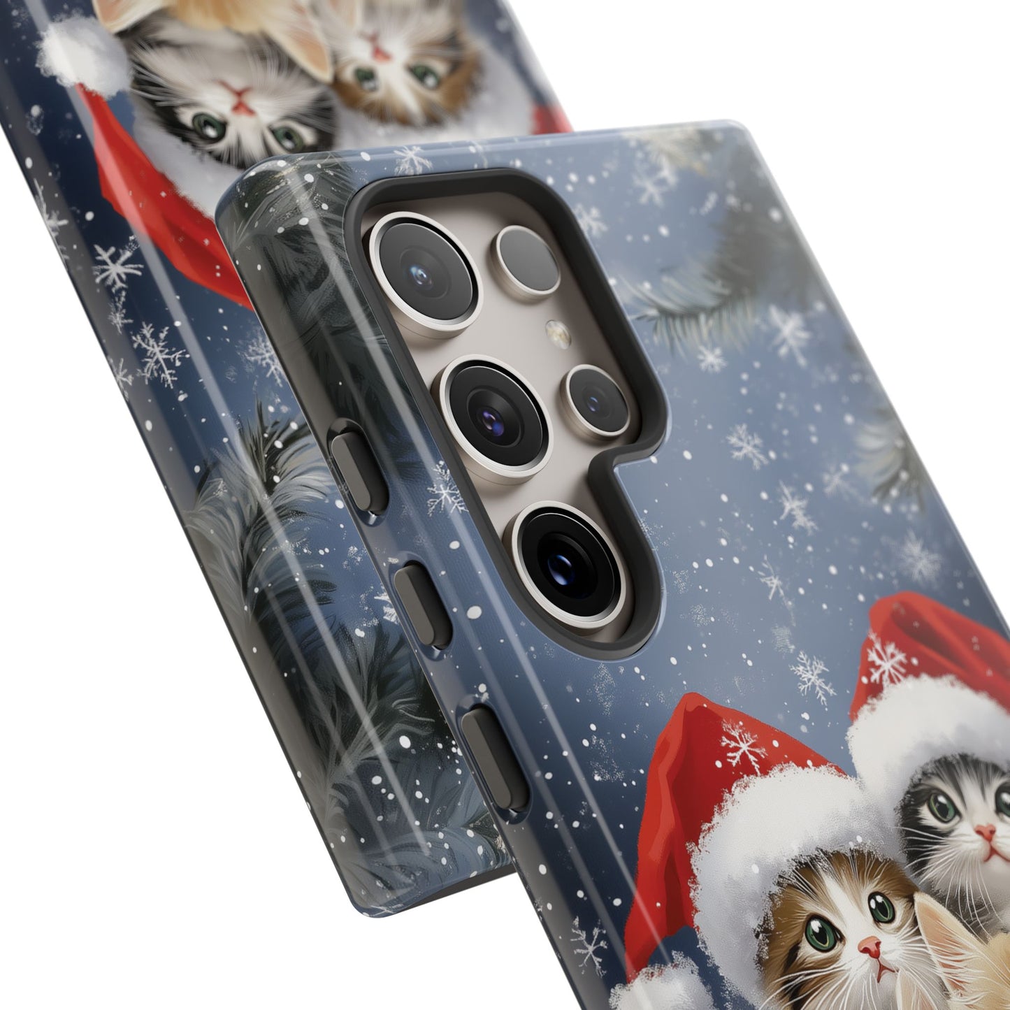 Christmas Cats iPhone Case, Santa Hat Cat Mobile Case, Snowy Kittens iPhone 16 Pro Max Tough Case, Samsung Galaxy, Pixel, iPhone 15 MagSafe