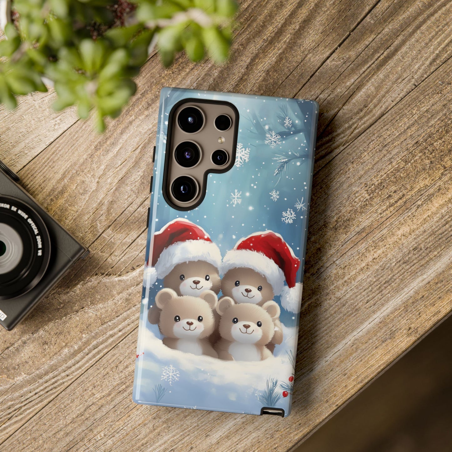 Christmas Teddybears iPhone Case, Santa Hat Teddy Mobile Case, Snowy iPhone 16 Pro Max Tough Case, Samsung Galaxy, Pixel, iPhone 15 MagSafe