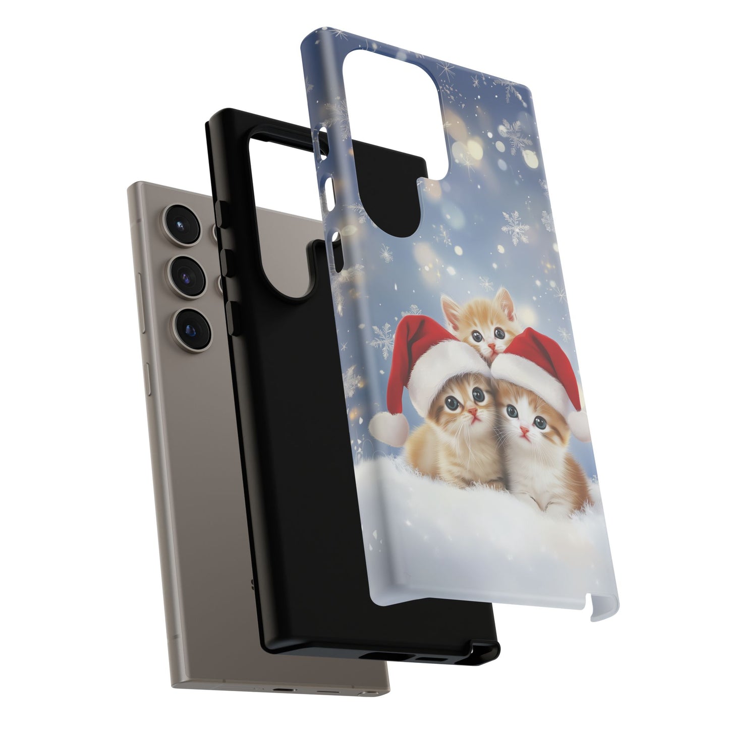 Santa Kittens iPhone Case, Christmas Cats Mobile Case, Snowy Xmas iPhone 16 Pro Max Tough Case, Samsung Galaxy, Pixel, iPhone 15 MagSafe