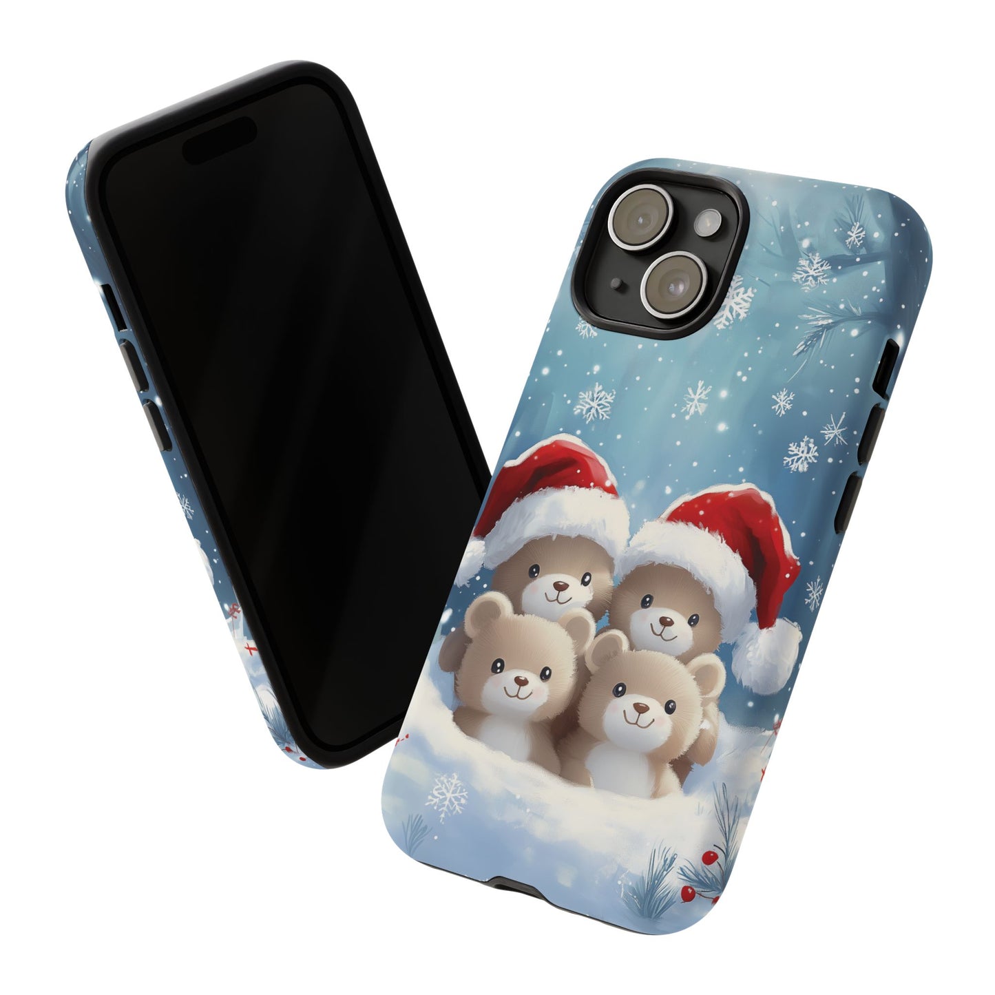 Christmas Teddybears iPhone Case, Santa Hat Teddy Mobile Case, Snowy iPhone 16 Pro Max Tough Case, Samsung Galaxy, Pixel, iPhone 15 MagSafe