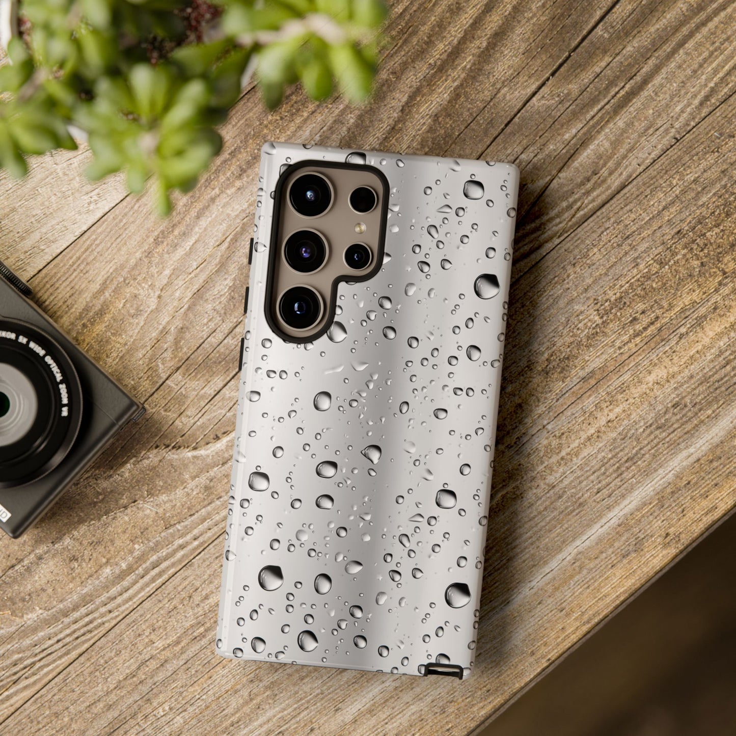 Raindrops Metallic Phone Case, Silver Rain Mobile Case, Beautiful iPhone 16 Pro Max Tough Case, Samsung Galaxy, Pixel, iPhone 15 MagSafe