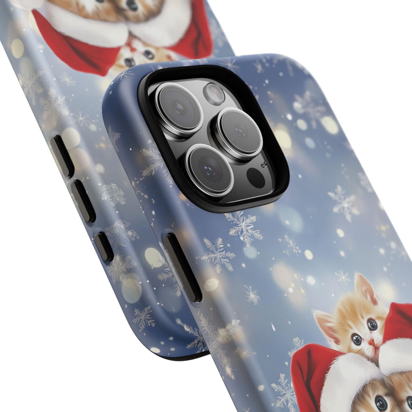 Santa Kittens iPhone Case, Christmas Cats Mobile Case, Snowy Xmas iPhone 16 Pro Max Tough Case, Samsung Galaxy, Pixel, iPhone 15 MagSafe