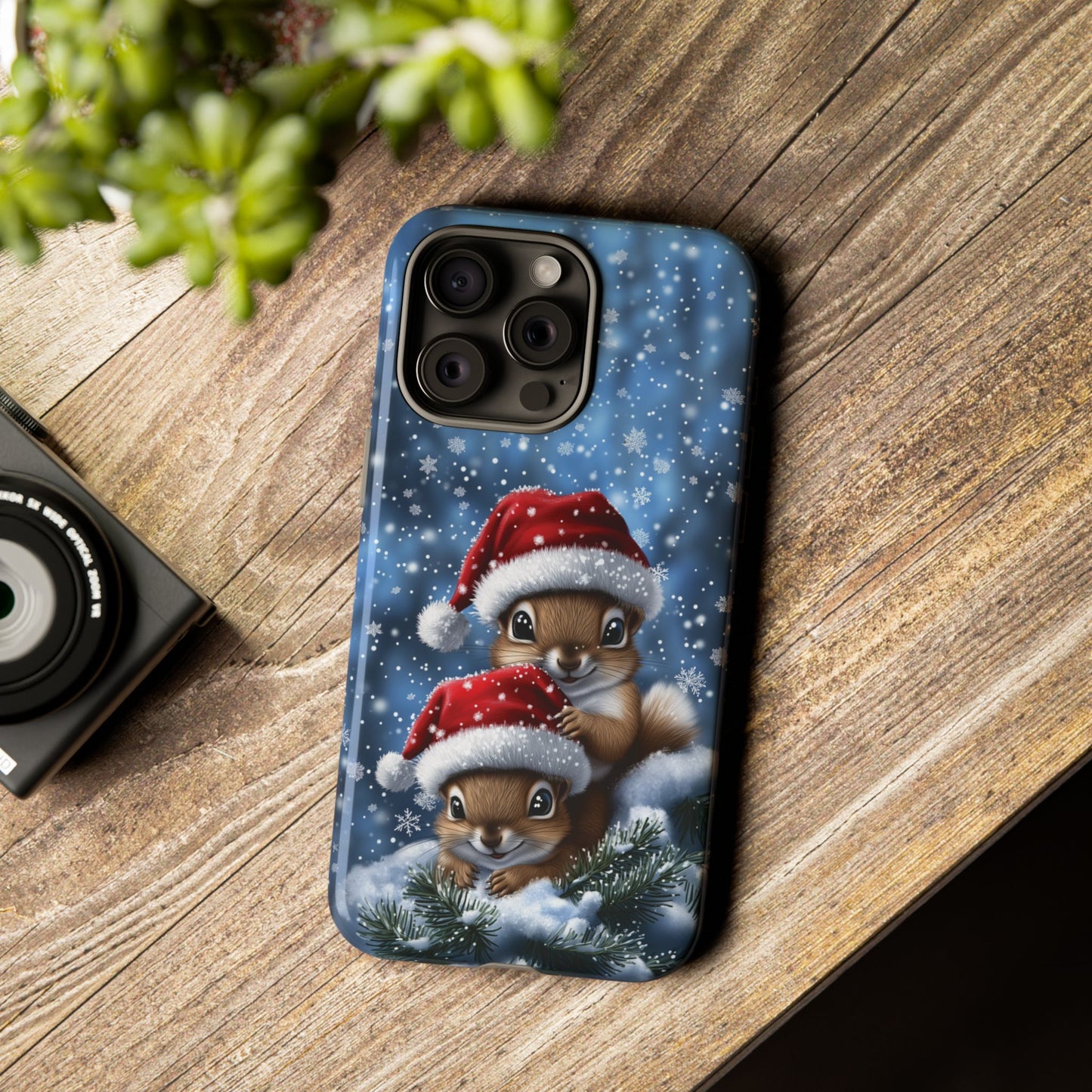 Santa Squirrels Phone Case, Christmas Chipmunk Mobile Case, Snowing iPhone 16 Pro Max Tough Case, Samsung Galaxy, Pixel, iPhone 15 MagSafe