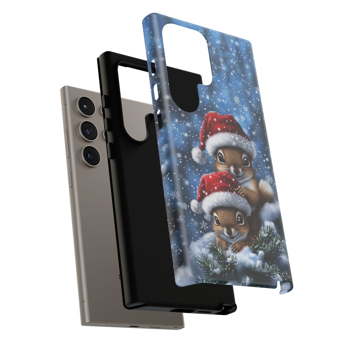 Santa Squirrels Phone Case, Christmas Chipmunk Mobile Case, Snowing iPhone 16 Pro Max Tough Case, Samsung Galaxy, Pixel, iPhone 15 MagSafe