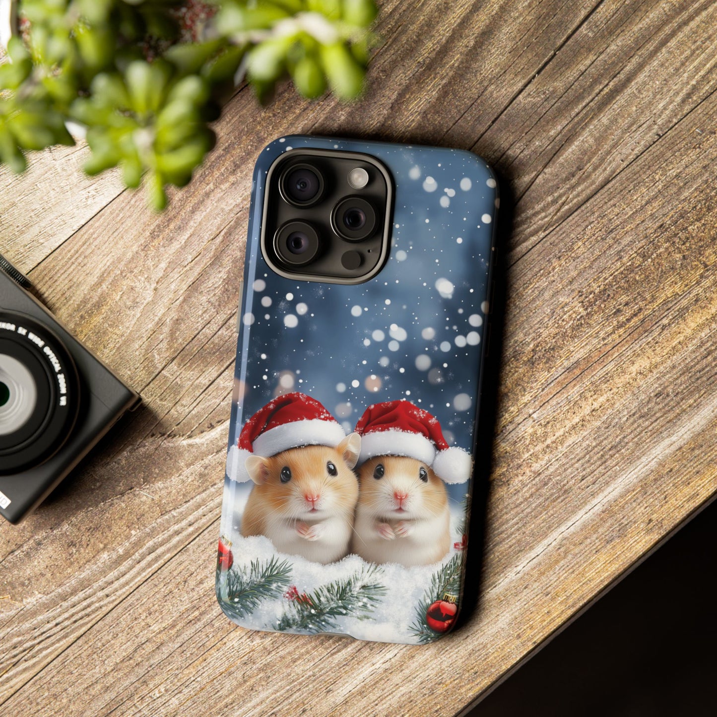 Christmas Hamsters Phone Case, Santa Hat Hamster Mobile Case, Snowy iPhone 16 Pro Max Tough Case, Samsung Galaxy, Pixel, iPhone 15 MagSafe