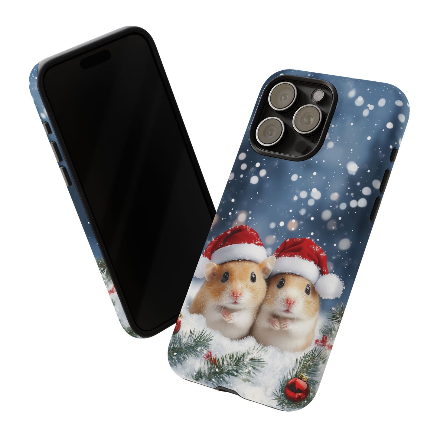 Christmas Hamsters Phone Case, Santa Hat Hamster Mobile Case, Snowy iPhone 16 Pro Max Tough Case, Samsung Galaxy, Pixel, iPhone 15 MagSafe