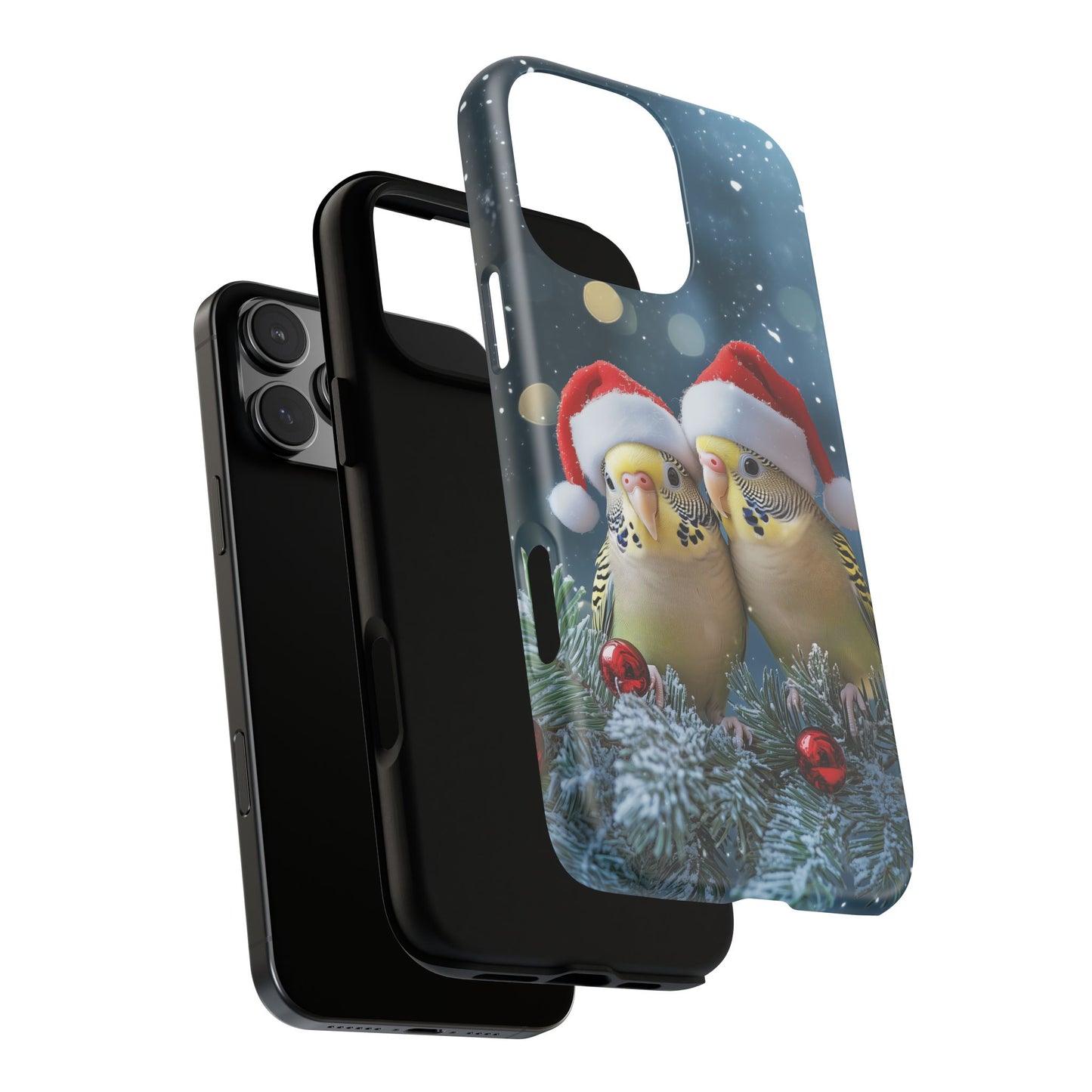 Christmas Budgies Phone Case, Santa Hat Budgerigar Mobile Case, iPhone 16 Pro Max Tough Case, Parakeet Samsung Galaxy, Pixel, iPhone MagSafe