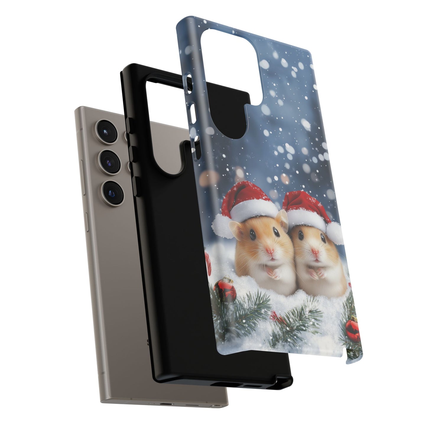 Christmas Hamsters Phone Case, Santa Hat Hamster Mobile Case, Snowy iPhone 16 Pro Max Tough Case, Samsung Galaxy, Pixel, iPhone 15 MagSafe