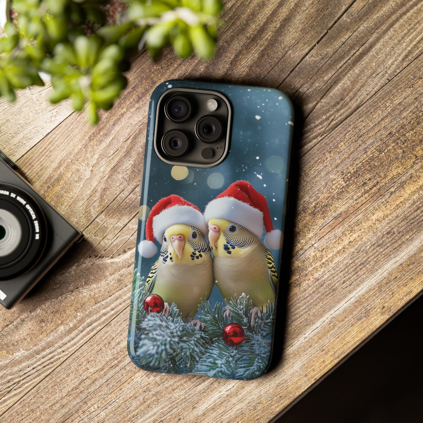 Christmas Budgies Phone Case, Santa Hat Budgerigar Mobile Case, iPhone 16 Pro Max Tough Case, Parakeet Samsung Galaxy, Pixel, iPhone MagSafe