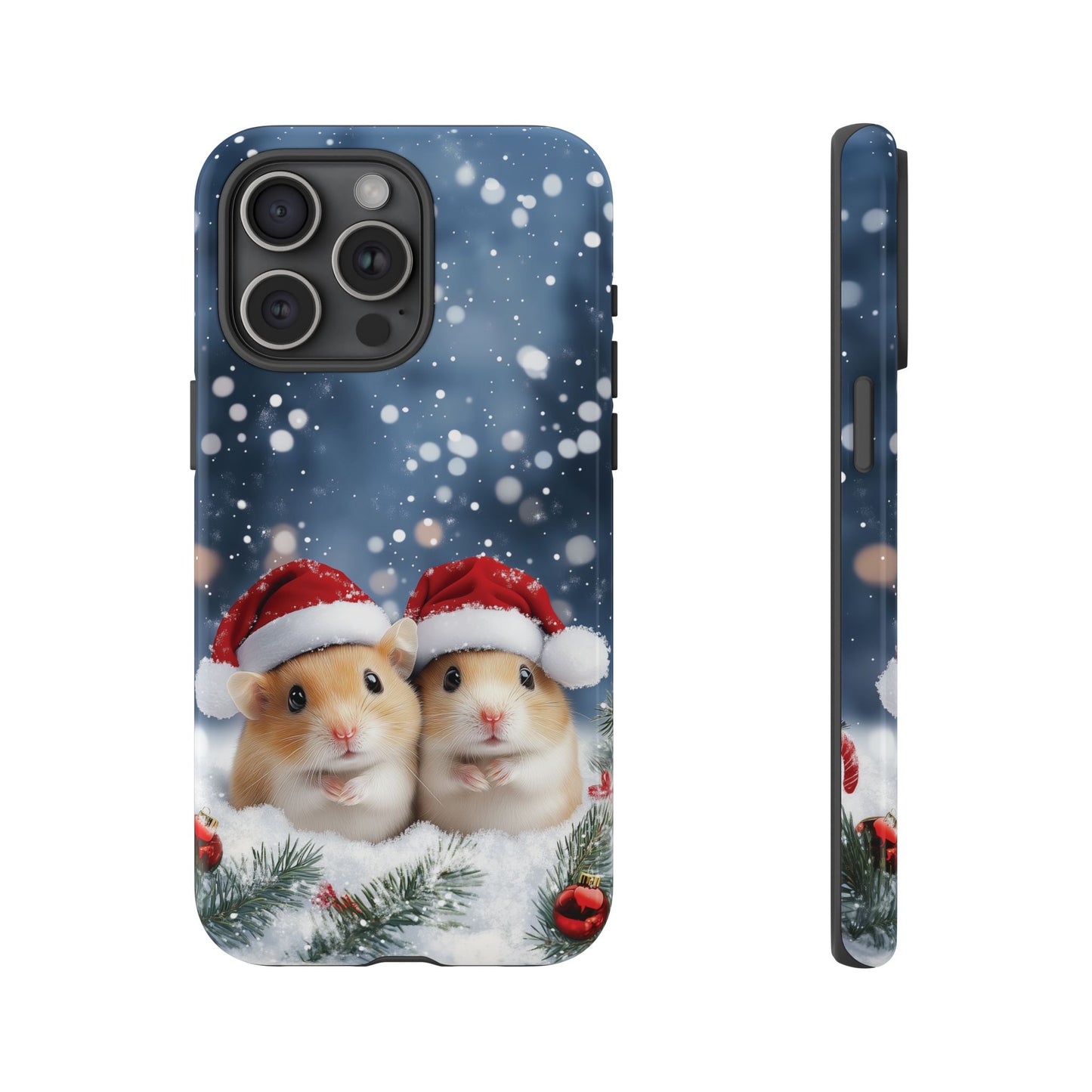 Christmas Hamsters Phone Case, Santa Hat Hamster Mobile Case, Snowy iPhone 16 Pro Max Tough Case, Samsung Galaxy, Pixel, iPhone 15 MagSafe