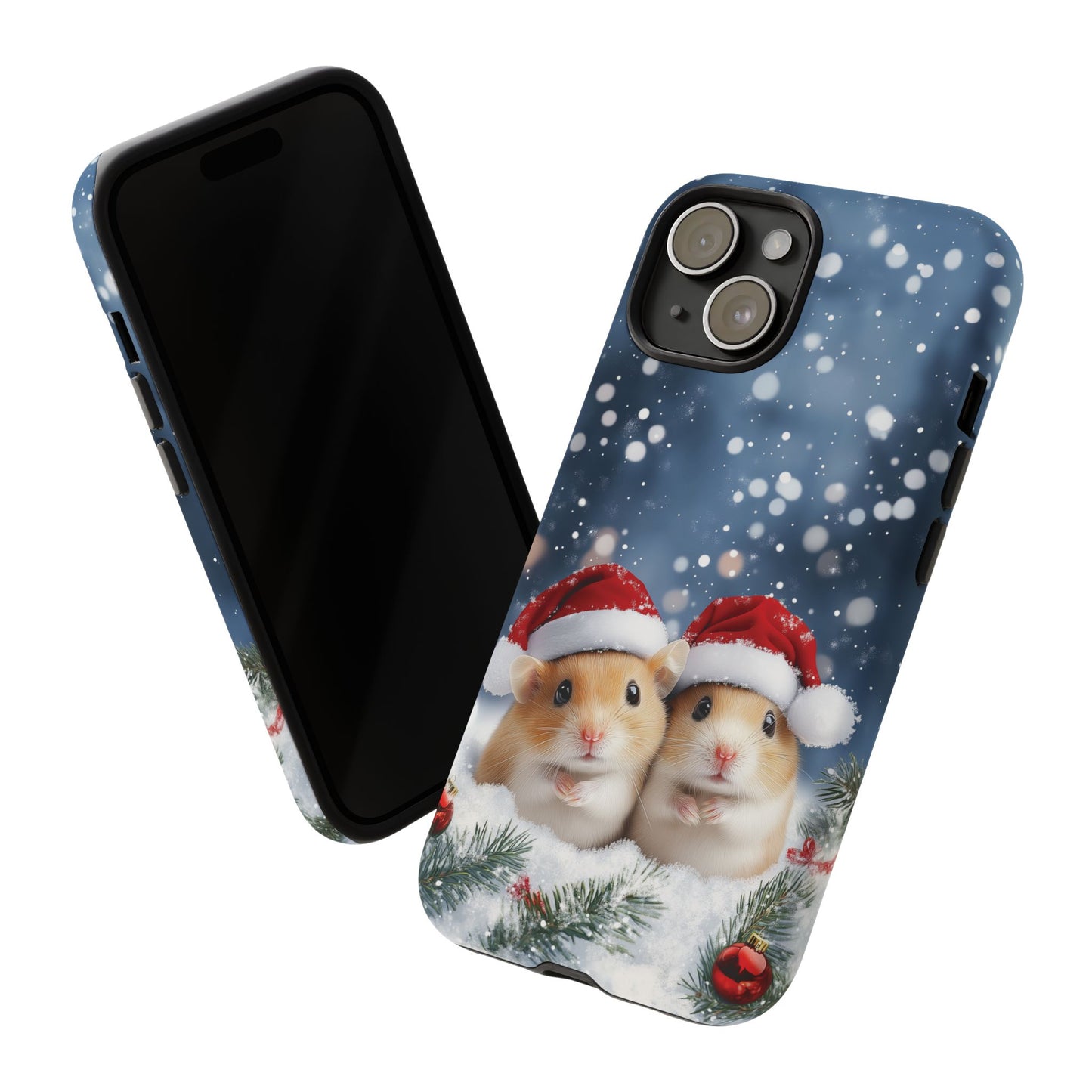 Christmas Hamsters Phone Case, Santa Hat Hamster Mobile Case, Snowy iPhone 16 Pro Max Tough Case, Samsung Galaxy, Pixel, iPhone 15 MagSafe