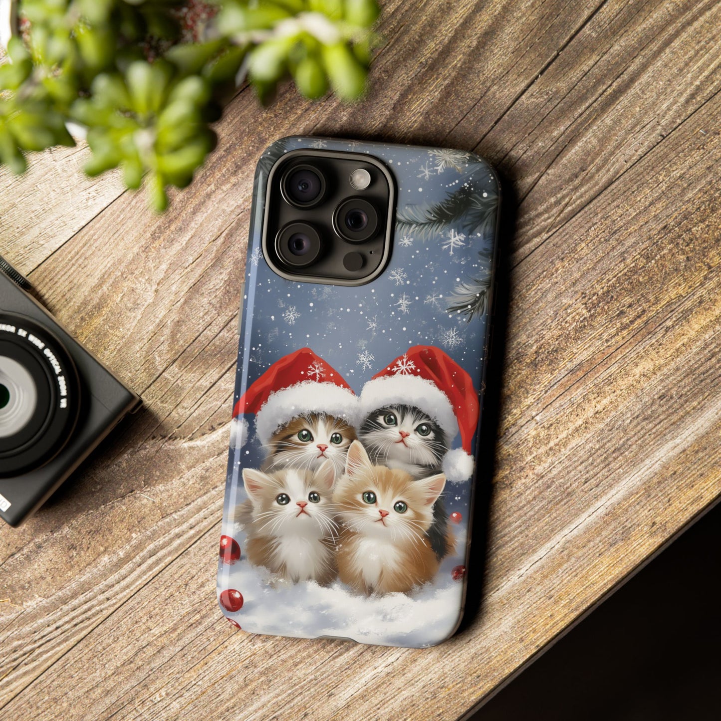 Christmas Cats iPhone Case, Santa Hat Cat Mobile Case, Snowy Kittens iPhone 16 Pro Max Tough Case, Samsung Galaxy, Pixel, iPhone 15 MagSafe