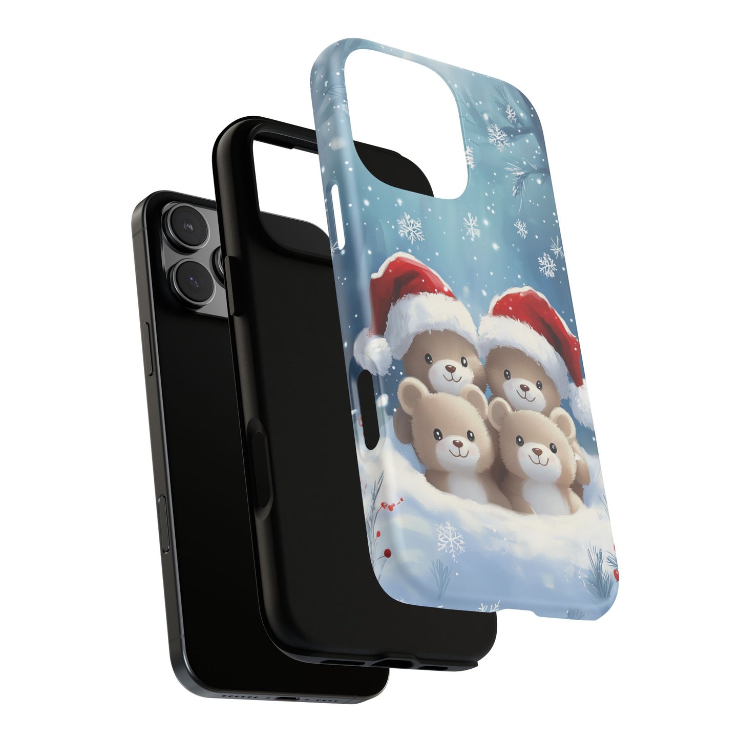 Christmas Teddybears iPhone Case, Santa Hat Teddy Mobile Case, Snowy iPhone 16 Pro Max Tough Case, Samsung Galaxy, Pixel, iPhone 15 MagSafe