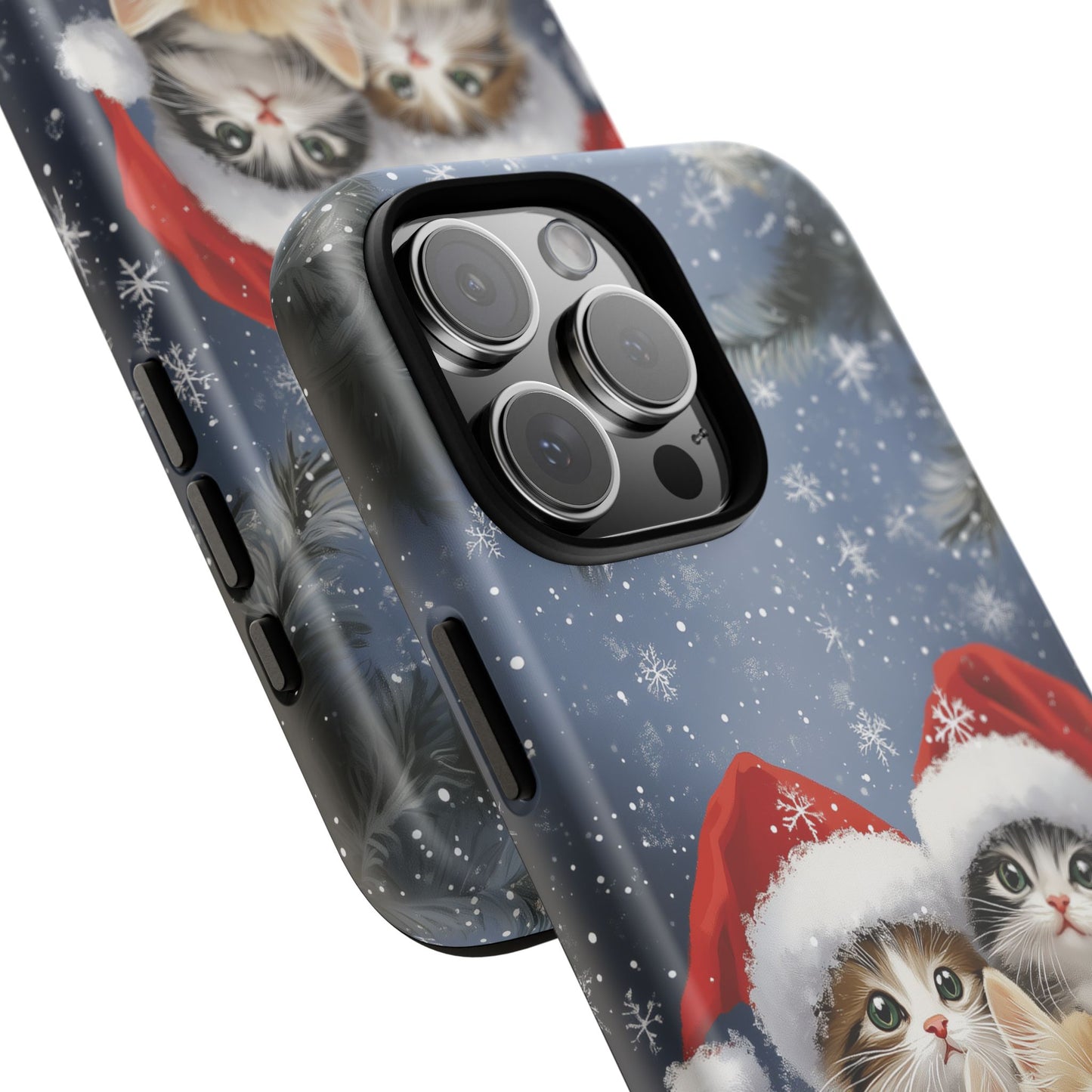 Christmas Cats iPhone Case, Santa Hat Cat Mobile Case, Snowy Kittens iPhone 16 Pro Max Tough Case, Samsung Galaxy, Pixel, iPhone 15 MagSafe