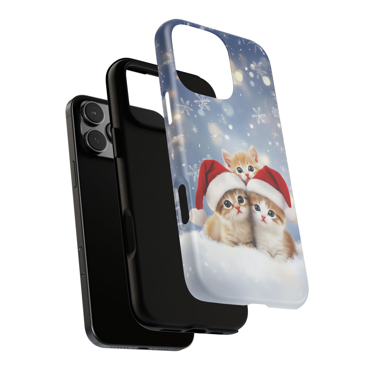 Santa Kittens iPhone Case, Christmas Cats Mobile Case, Snowy Xmas iPhone 16 Pro Max Tough Case, Samsung Galaxy, Pixel, iPhone 15 MagSafe