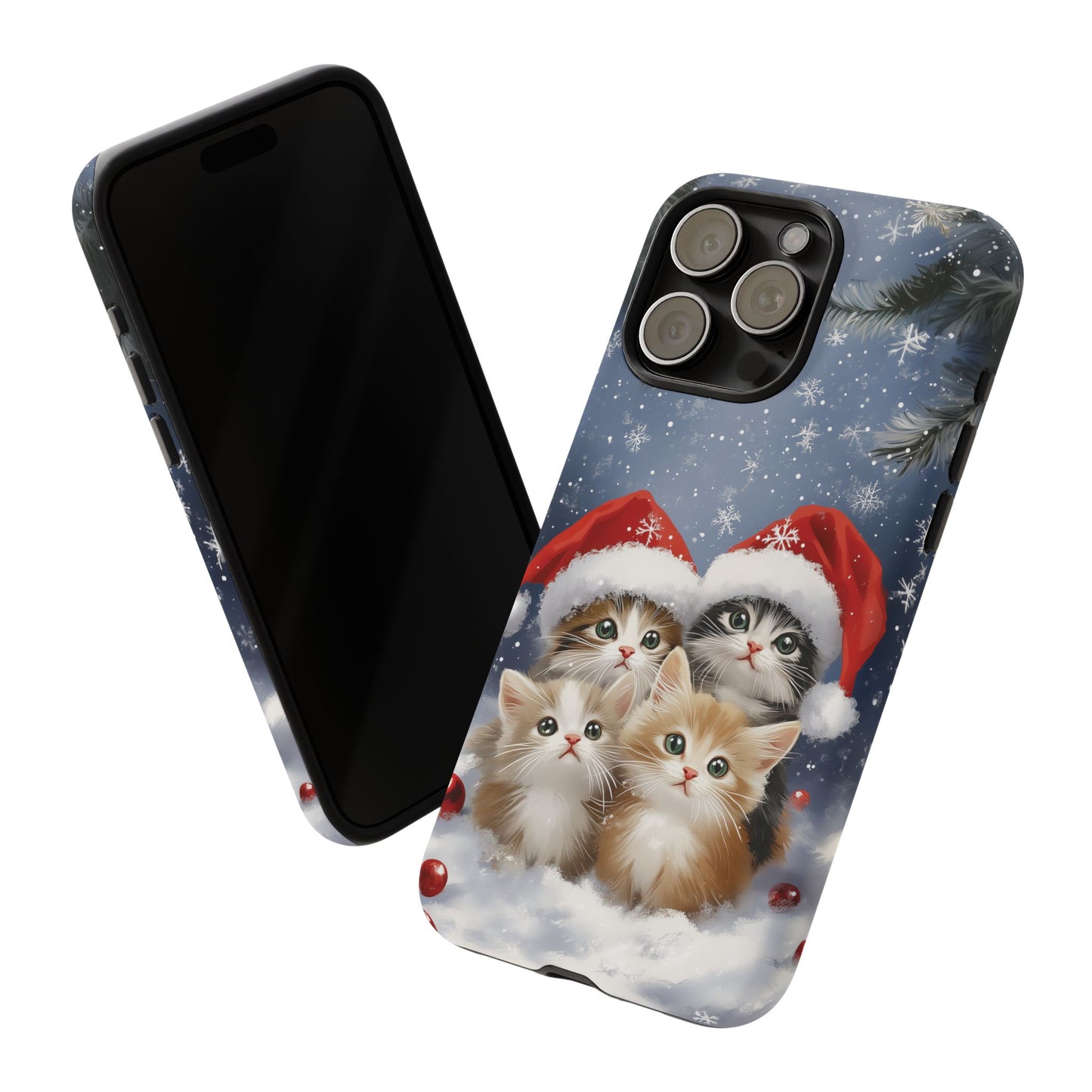 Christmas Cats iPhone Case, Santa Hat Cat Mobile Case, Snowy Kittens iPhone 16 Pro Max Tough Case, Samsung Galaxy, Pixel, iPhone 15 MagSafe