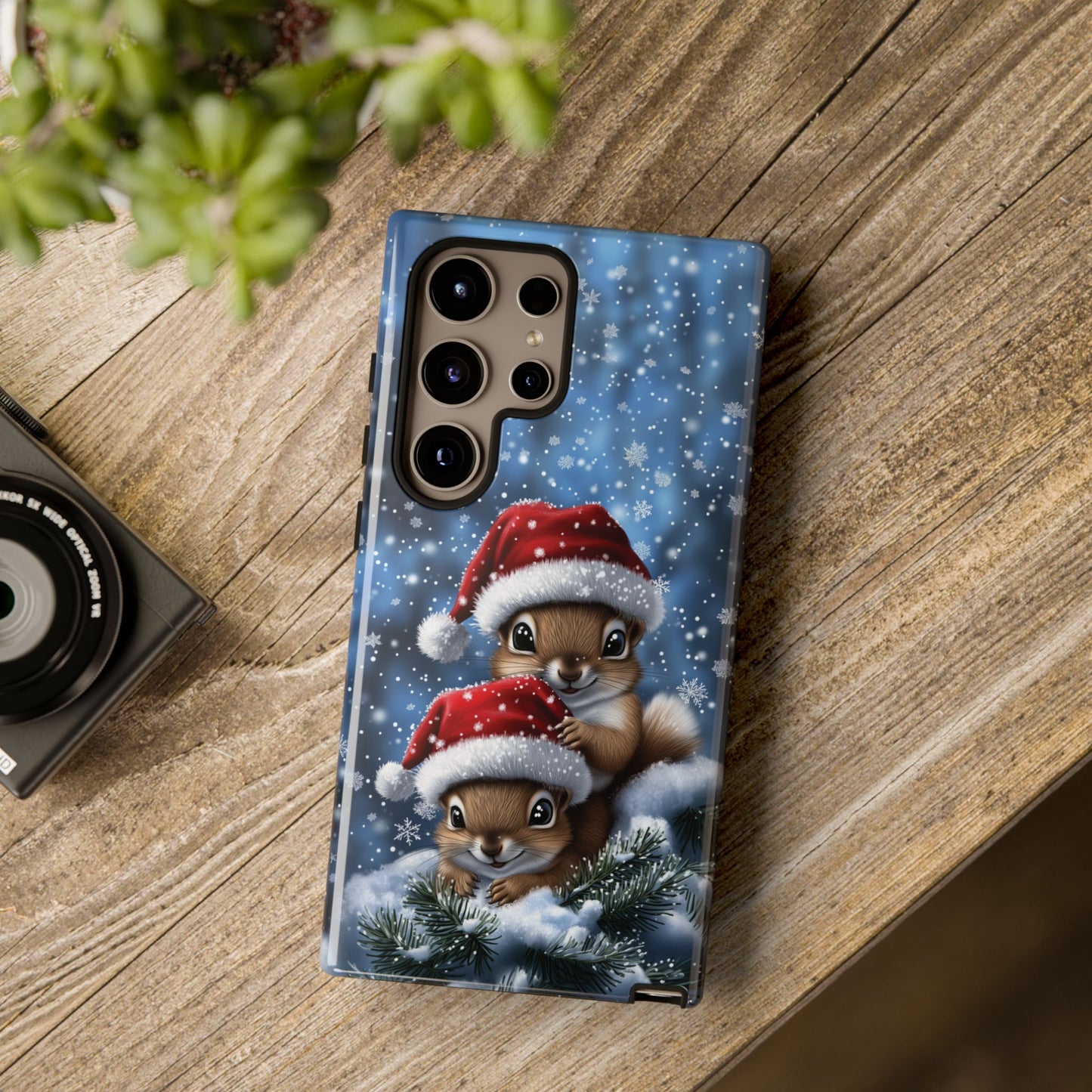 Santa Squirrels Phone Case, Christmas Chipmunk Mobile Case, Snowing iPhone 16 Pro Max Tough Case, Samsung Galaxy, Pixel, iPhone 15 MagSafe