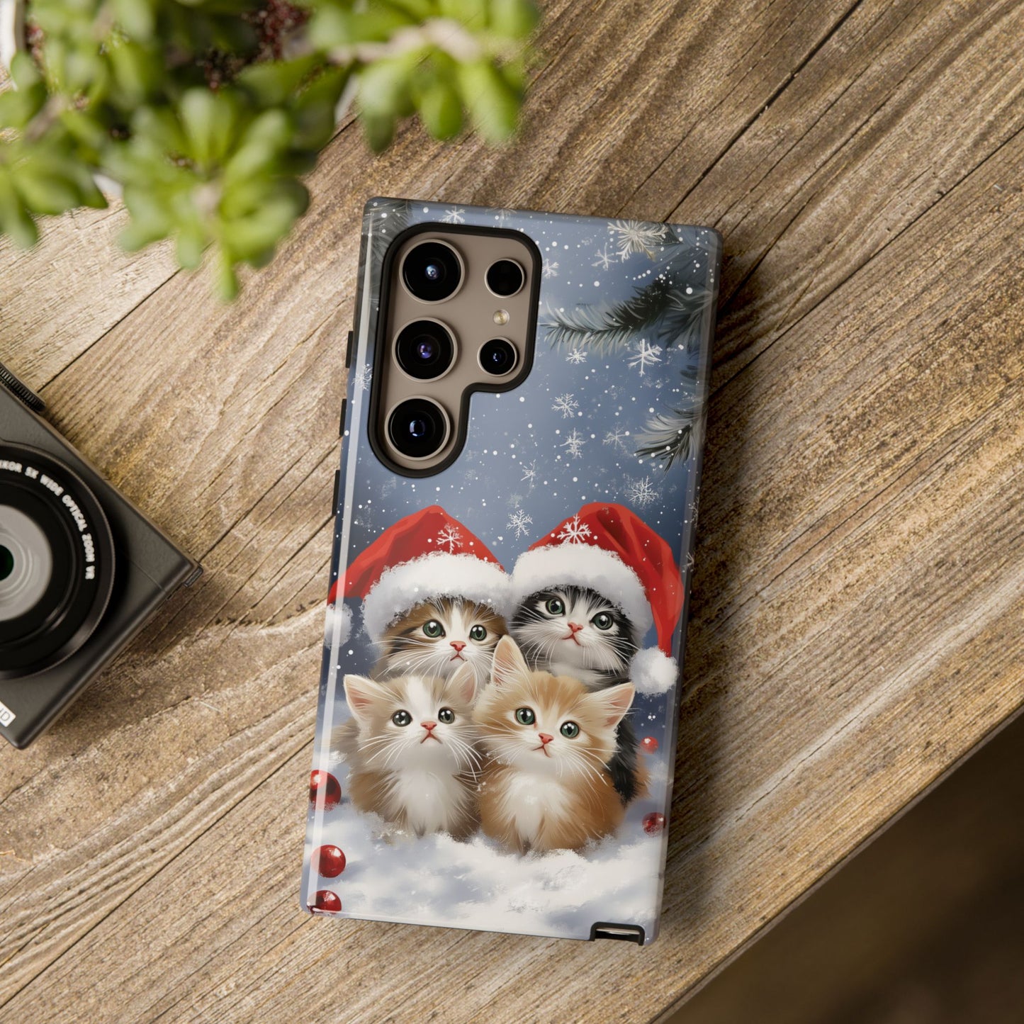 Christmas Cats iPhone Case, Santa Hat Cat Mobile Case, Snowy Kittens iPhone 16 Pro Max Tough Case, Samsung Galaxy, Pixel, iPhone 15 MagSafe