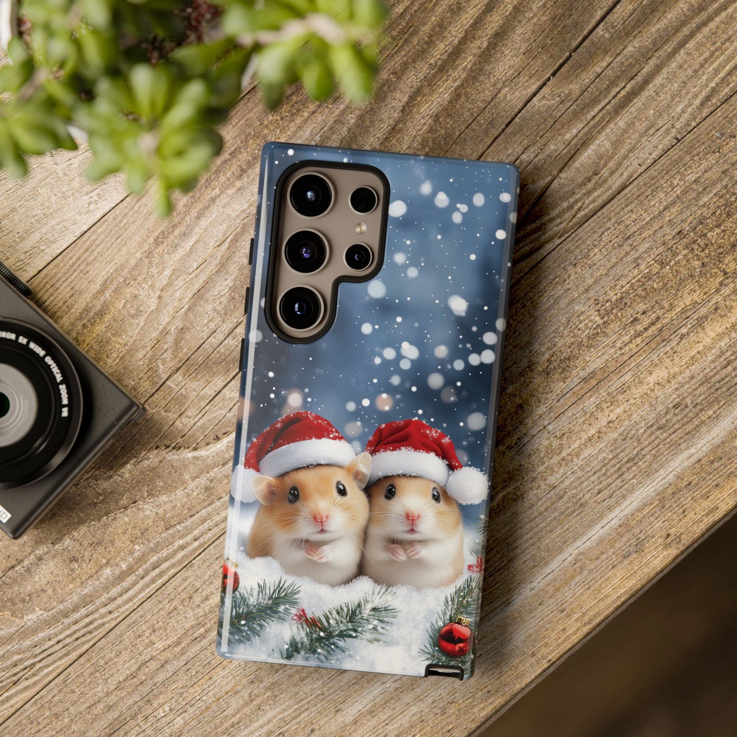 Christmas Hamsters Phone Case, Santa Hat Hamster Mobile Case, Snowy iPhone 16 Pro Max Tough Case, Samsung Galaxy, Pixel, iPhone 15 MagSafe