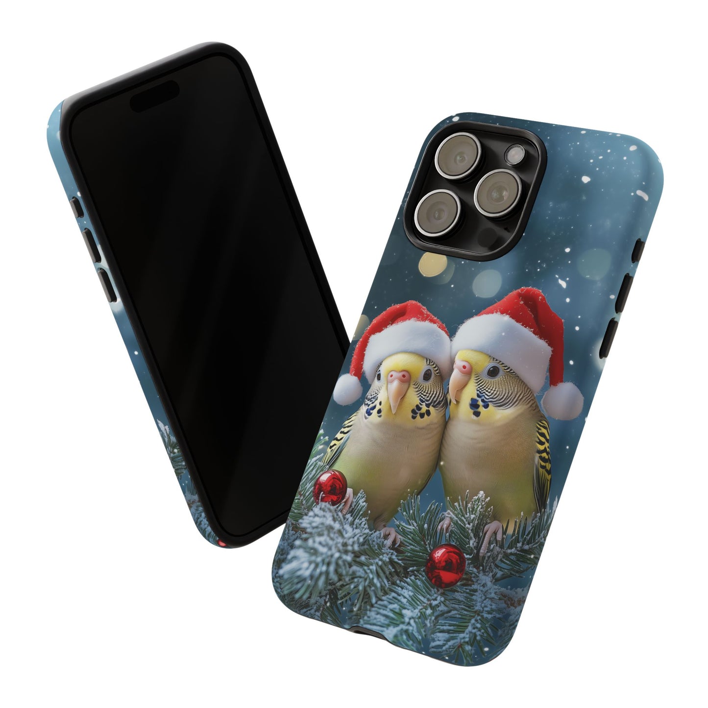 Christmas Budgies Phone Case, Santa Hat Budgerigar Mobile Case, iPhone 16 Pro Max Tough Case, Parakeet Samsung Galaxy, Pixel, iPhone MagSafe