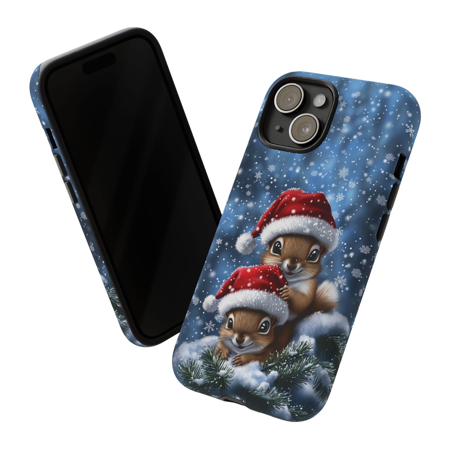 Santa Squirrels Phone Case, Christmas Chipmunk Mobile Case, Snowing iPhone 16 Pro Max Tough Case, Samsung Galaxy, Pixel, iPhone 15 MagSafe