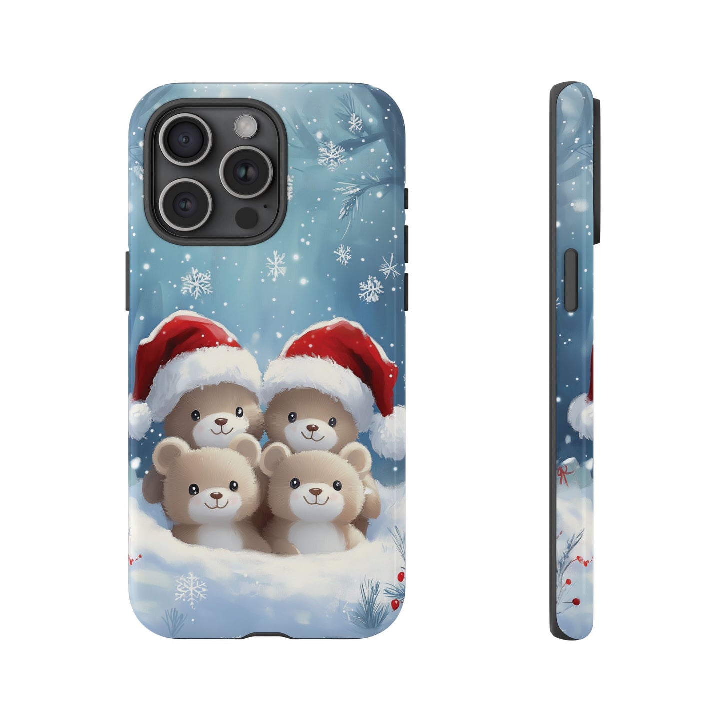 Christmas Teddybears iPhone Case, Santa Hat Teddy Mobile Case, Snowy iPhone 16 Pro Max Tough Case, Samsung Galaxy, Pixel, iPhone 15 MagSafe