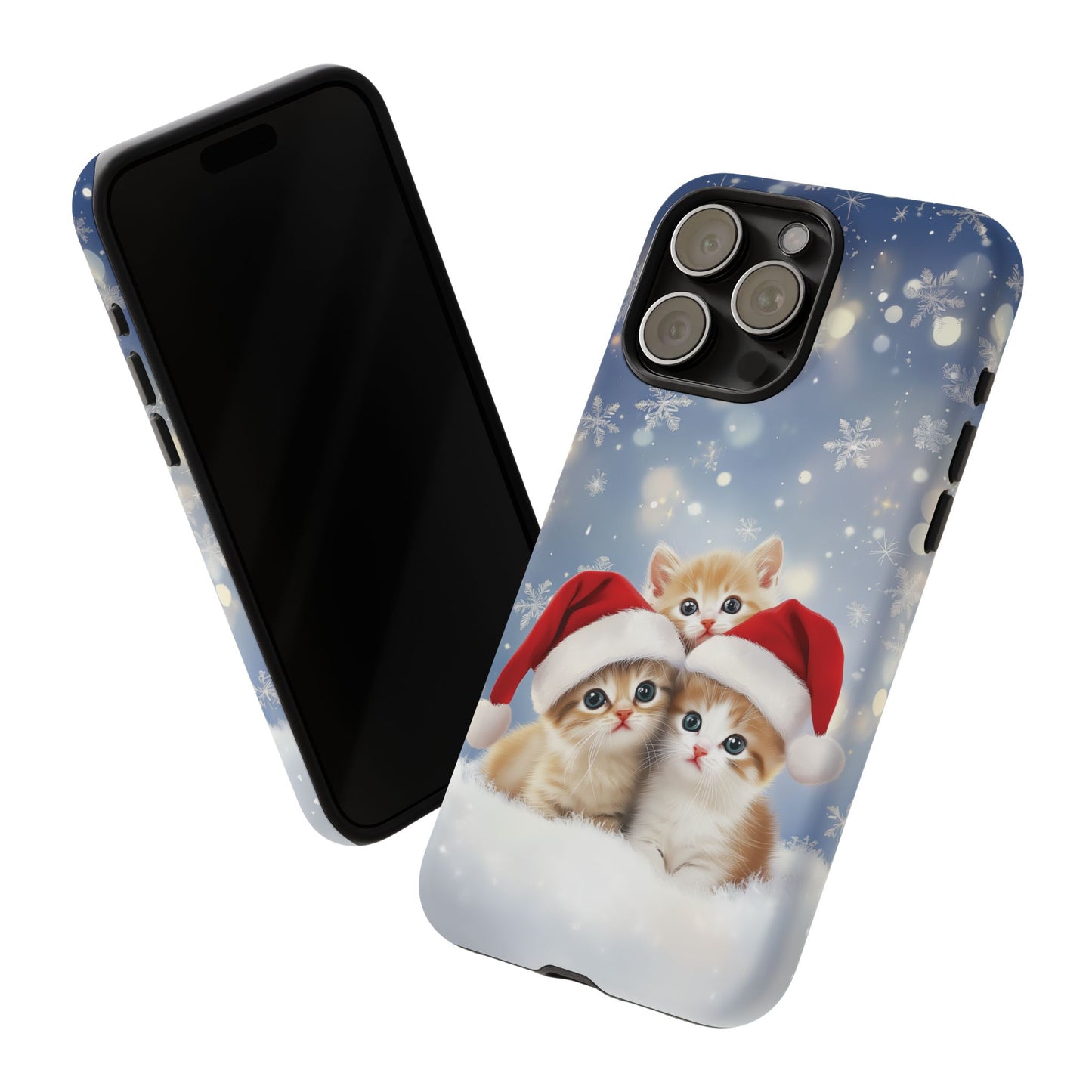 Santa Kittens iPhone Case, Christmas Cats Mobile Case, Snowy Xmas iPhone 16 Pro Max Tough Case, Samsung Galaxy, Pixel, iPhone 15 MagSafe