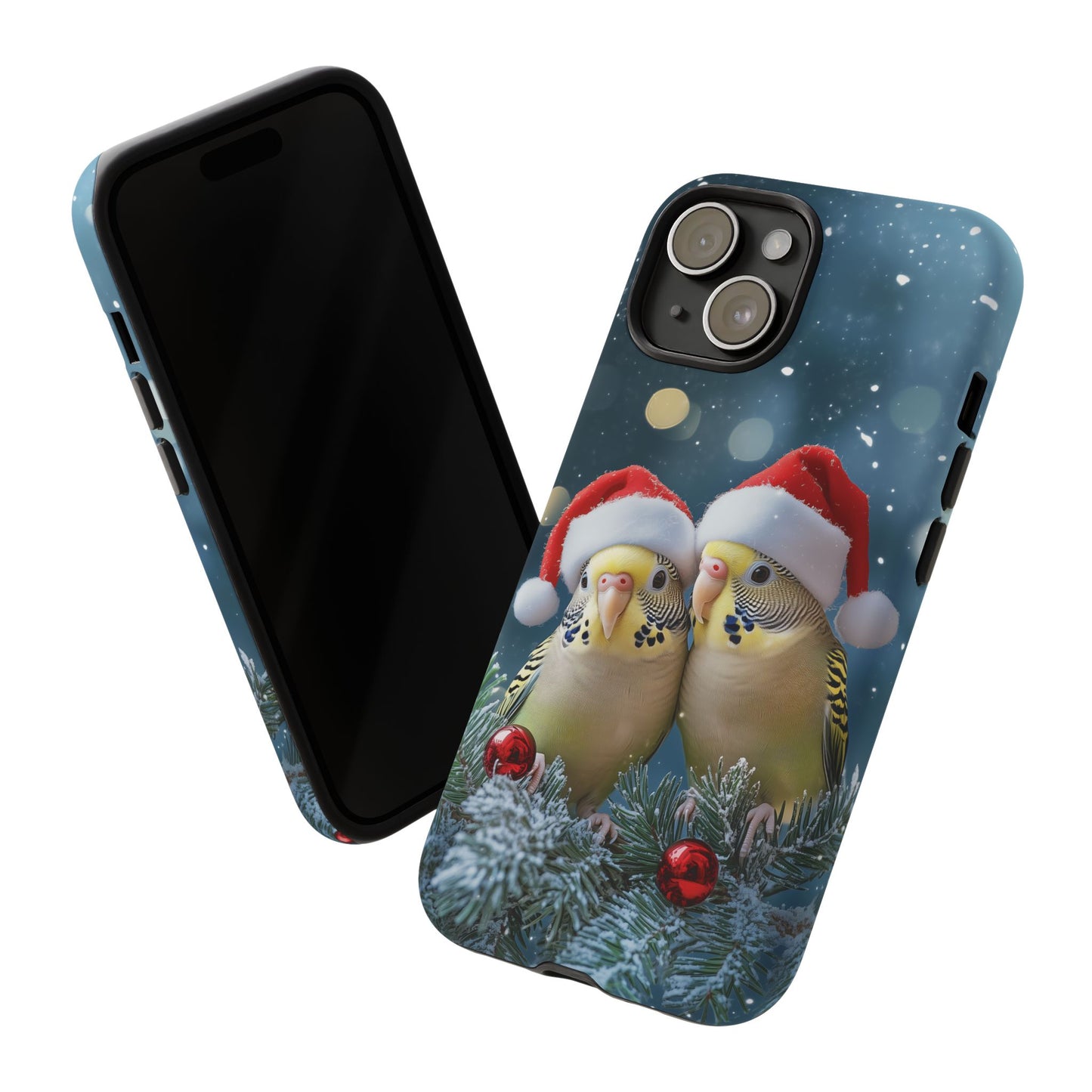 Christmas Budgies Phone Case, Santa Hat Budgerigar Mobile Case, iPhone 16 Pro Max Tough Case, Parakeet Samsung Galaxy, Pixel, iPhone MagSafe