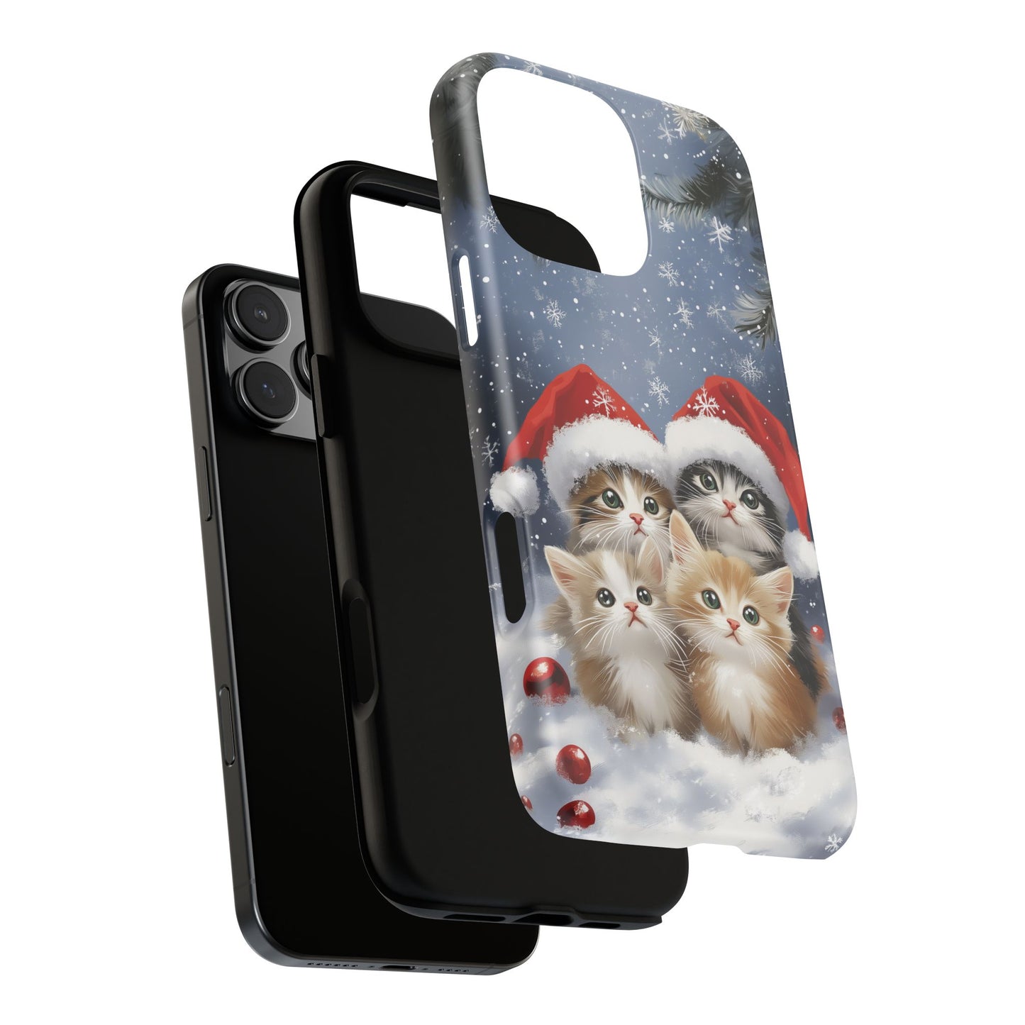 Christmas Cats iPhone Case, Santa Hat Cat Mobile Case, Snowy Kittens iPhone 16 Pro Max Tough Case, Samsung Galaxy, Pixel, iPhone 15 MagSafe