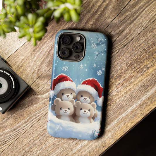 Christmas Teddybears iPhone Case, Santa Hat Teddy Mobile Case, Snowy iPhone 16 Pro Max Tough Case, Samsung Galaxy, Pixel, iPhone 15 MagSafe