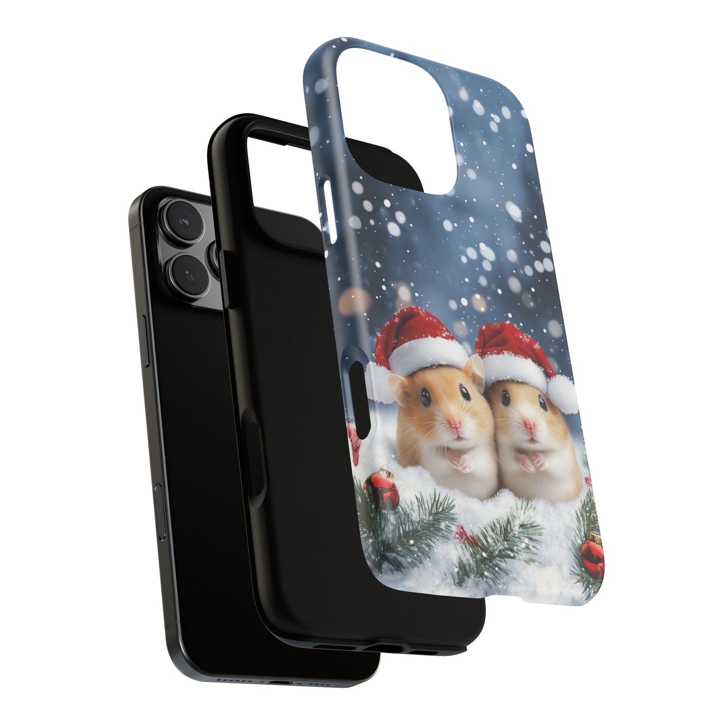 Christmas Hamsters Phone Case, Santa Hat Hamster Mobile Case, Snowy iPhone 16 Pro Max Tough Case, Samsung Galaxy, Pixel, iPhone 15 MagSafe