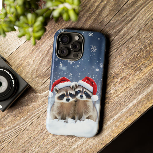 Santa Raccoons iPhone Case, Christmas Raccoons Mobile Case, Snowy iPhone 16 Pro Max Tough Case, Samsung Galaxy, Pixel, iPhone 15 MagSafe