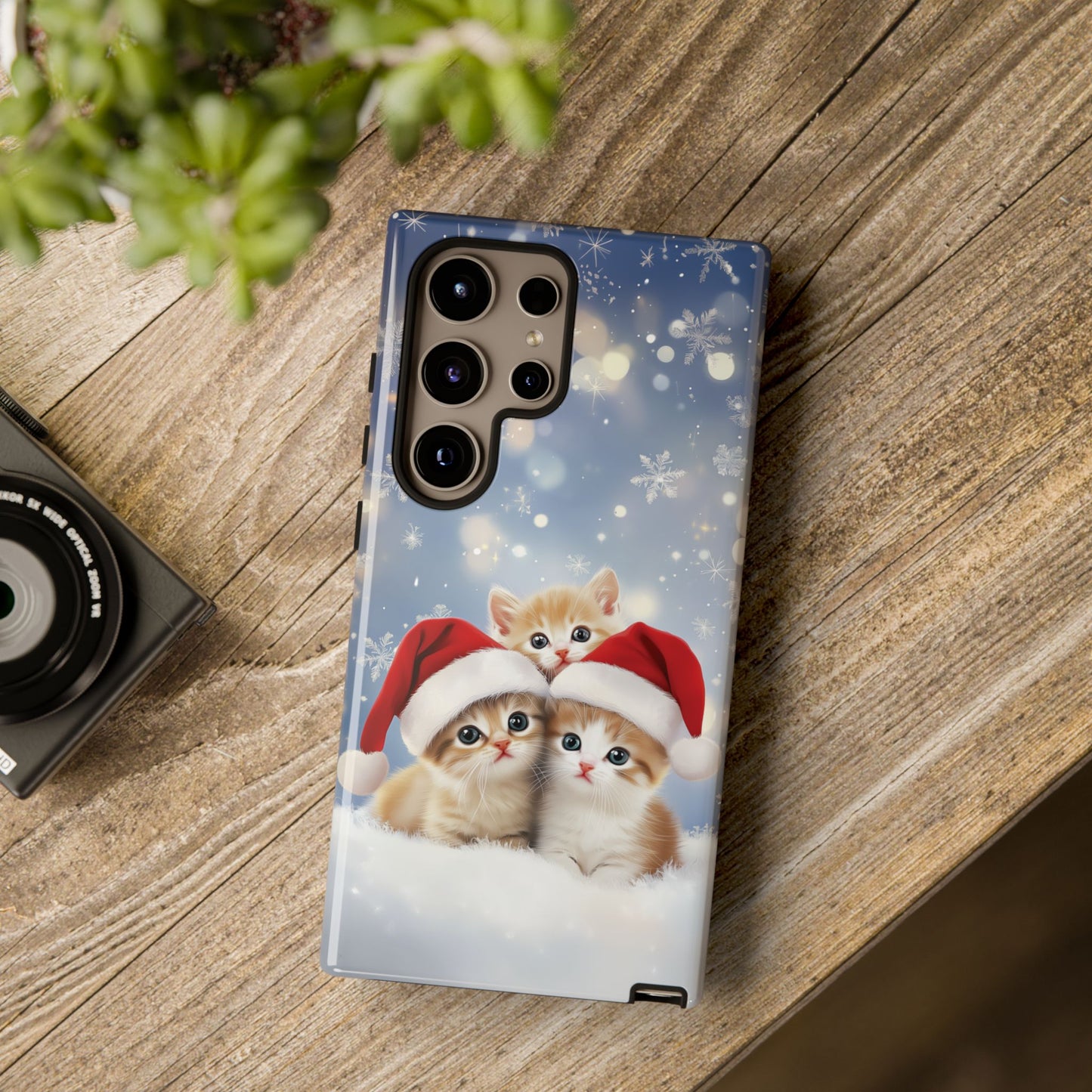 Santa Kittens iPhone Case, Christmas Cats Mobile Case, Snowy Xmas iPhone 16 Pro Max Tough Case, Samsung Galaxy, Pixel, iPhone 15 MagSafe