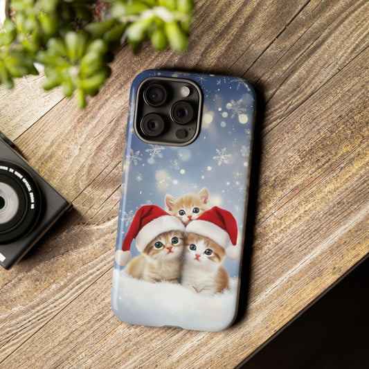 Santa Kittens iPhone Case, Christmas Cats Mobile Case, Snowy Xmas iPhone 16 Pro Max Tough Case, Samsung Galaxy, Pixel, iPhone 15 MagSafe