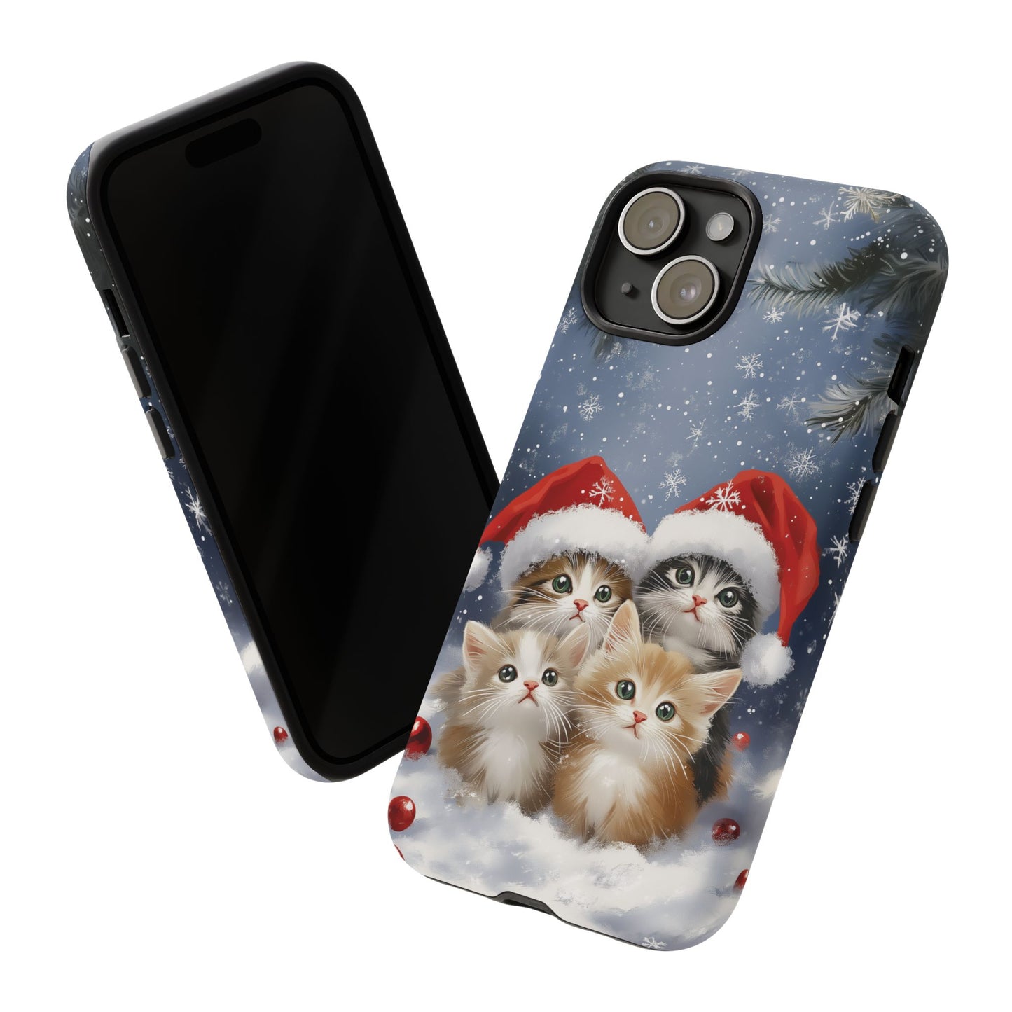 Christmas Cats iPhone Case, Santa Hat Cat Mobile Case, Snowy Kittens iPhone 16 Pro Max Tough Case, Samsung Galaxy, Pixel, iPhone 15 MagSafe