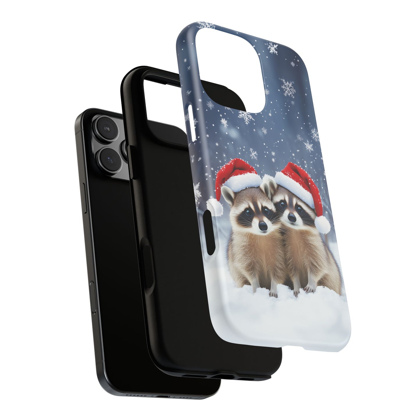 Santa Raccoons iPhone Case, Christmas Raccoons Mobile Case, Snowy iPhone 16 Pro Max Tough Case, Samsung Galaxy, Pixel, iPhone 15 MagSafe