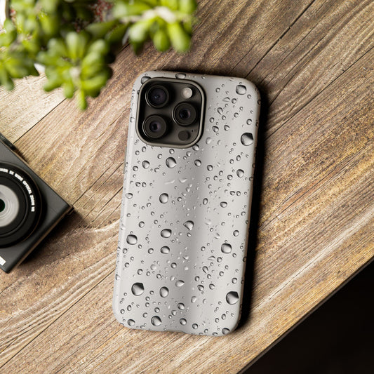 Raindrops Metallic Phone Case, Silver Rain Mobile Case, Beautiful iPhone 16 Pro Max Tough Case, Samsung Galaxy, Pixel, iPhone 15 MagSafe