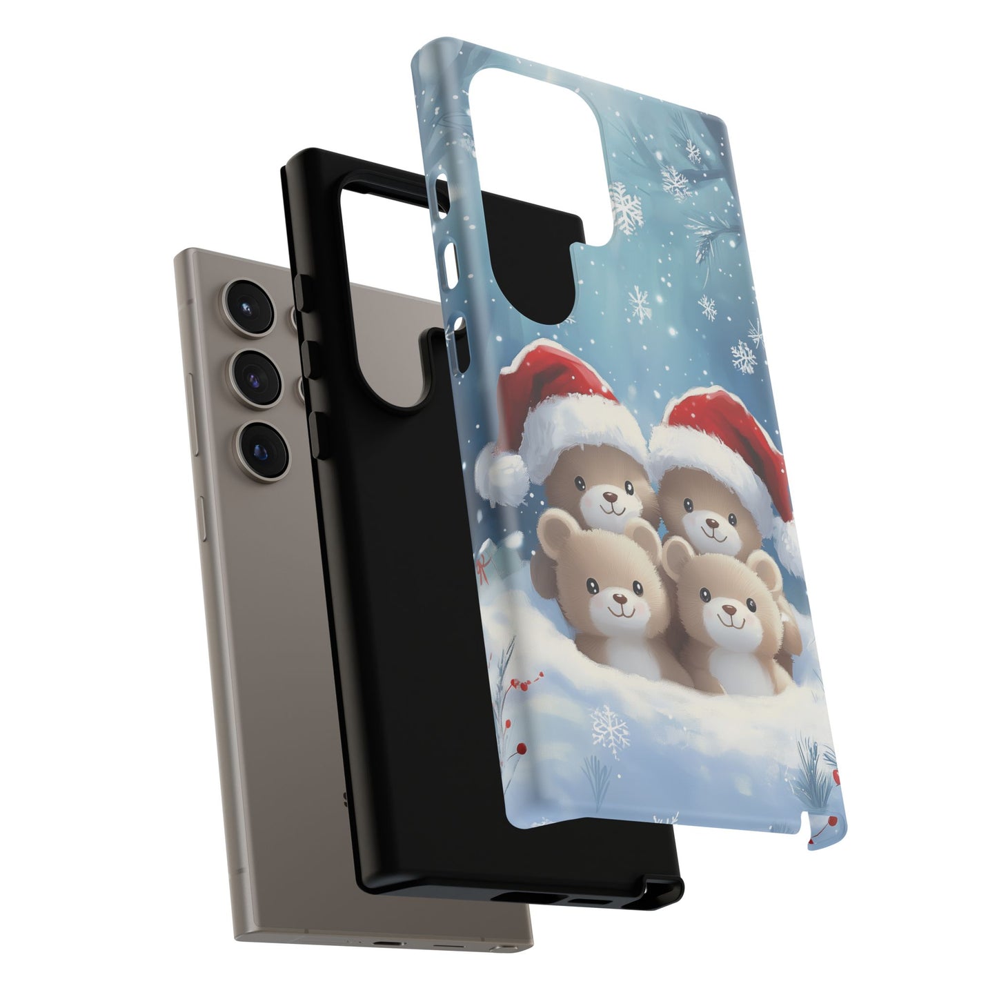 Christmas Teddybears iPhone Case, Santa Hat Teddy Mobile Case, Snowy iPhone 16 Pro Max Tough Case, Samsung Galaxy, Pixel, iPhone 15 MagSafe