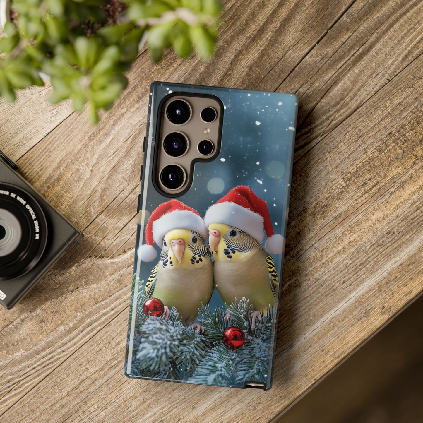 Christmas Budgies Phone Case, Santa Hat Budgerigar Mobile Case, iPhone 16 Pro Max Tough Case, Parakeet Samsung Galaxy, Pixel, iPhone MagSafe